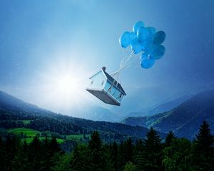 Preview wallpaper balloons, house, flight, fantasy, forest