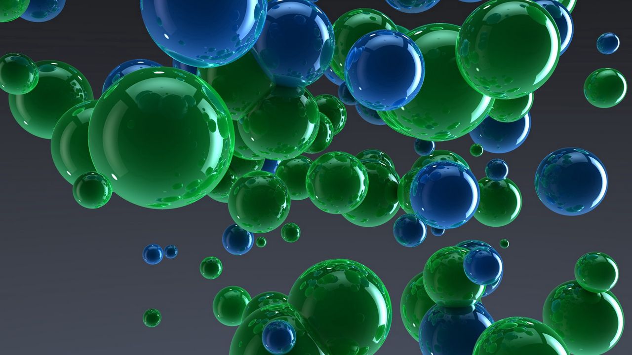 Wallpaper balls, blue, green, drops, reflection