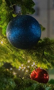 Preview wallpaper balls, christmas tree, new year, christmas, garland, street, decoration, holiday