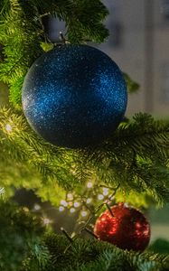 Preview wallpaper balls, christmas tree, new year, christmas, garland, street, decoration, holiday