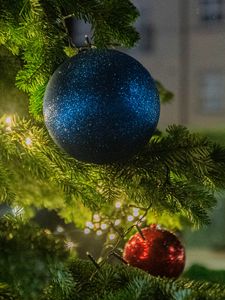 Preview wallpaper balls, christmas tree, new year, christmas, garland, street, decoration, holiday