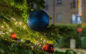 Preview wallpaper balls, christmas tree, new year, christmas, garland, street, decoration, holiday
