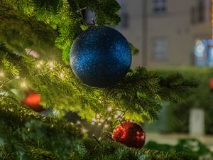 Preview wallpaper balls, christmas tree, new year, christmas, garland, street, decoration, holiday