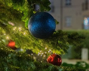 Preview wallpaper balls, christmas tree, new year, christmas, garland, street, decoration, holiday