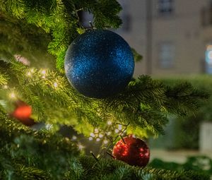 Preview wallpaper balls, christmas tree, new year, christmas, garland, street, decoration, holiday