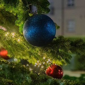 Preview wallpaper balls, christmas tree, new year, christmas, garland, street, decoration, holiday