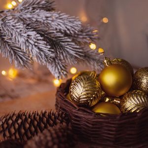 Preview wallpaper balls, decorations, cones, branch, garland, new year, christmas