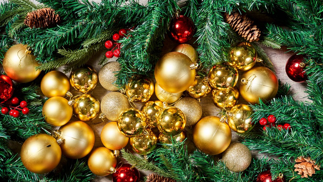 Wallpaper balls, decorations, needles, cones, new year, christmas