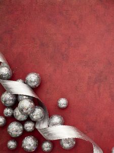 Preview wallpaper balls, ribbon, background, new year, red, silver