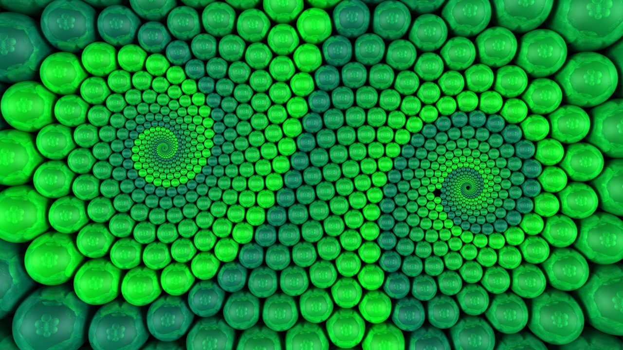 Wallpaper balls, spiral, rendering, rotation, green
