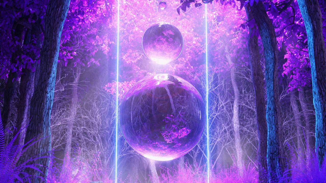 Wallpaper balls, trees, glow, purple