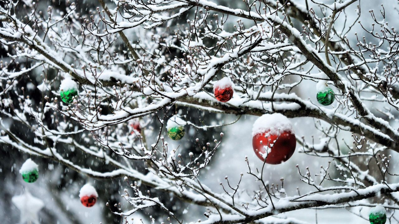 Wallpaper balls, twigs, new year, snow