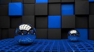 Preview wallpaper balls, wall, metal, cubes, space