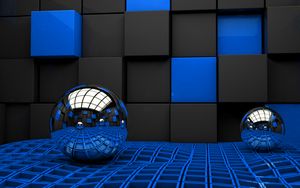 Preview wallpaper balls, wall, metal, cubes, space