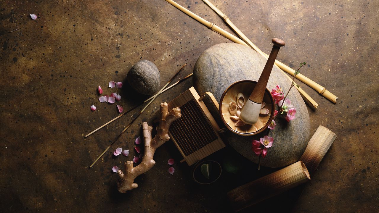 Wallpaper bamboo, roots, petals, sticks, pestle, mortar