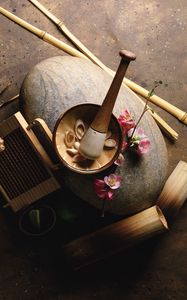 Preview wallpaper bamboo, roots, petals, sticks, pestle, mortar