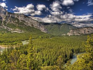 Preview wallpaper banff, alberta, canada, mountains, trees, hdr