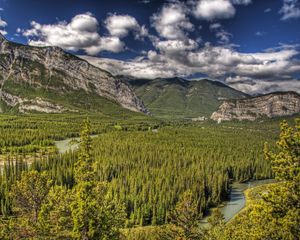 Preview wallpaper banff, alberta, canada, mountains, trees, hdr