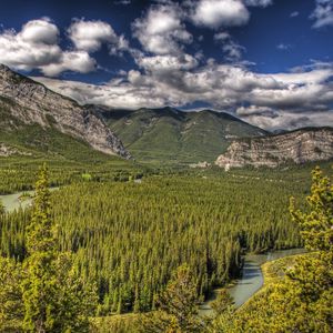 Preview wallpaper banff, alberta, canada, mountains, trees, hdr