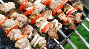 Preview wallpaper barbecue, meat, vegetables, skewers