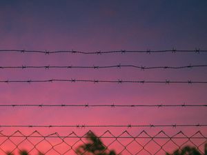 Preview wallpaper barbed wire, wire, sunset, metallic