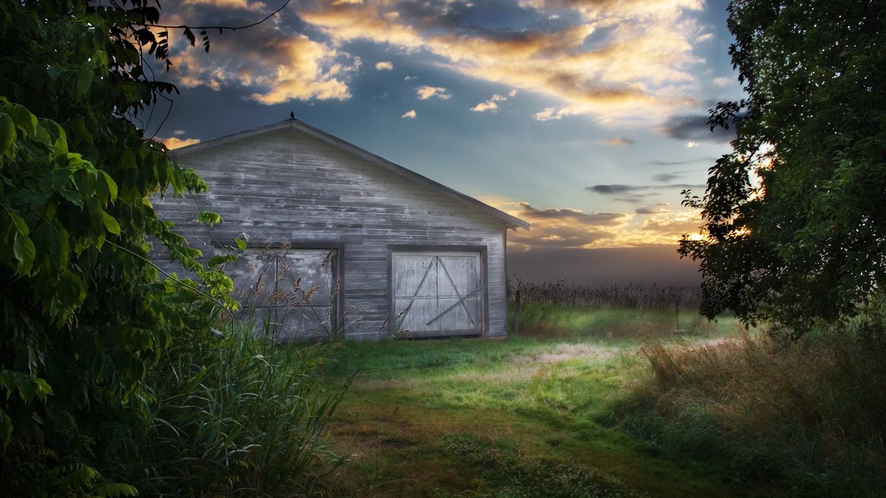 Wallpaper barn, greens, structure, evening, clouds