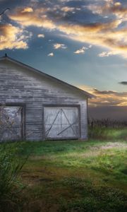 Preview wallpaper barn, greens, structure, evening, clouds