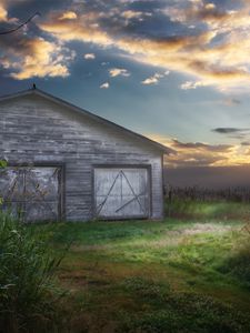 Preview wallpaper barn, greens, structure, evening, clouds