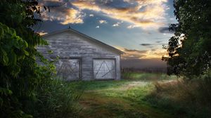 Preview wallpaper barn, greens, structure, evening, clouds