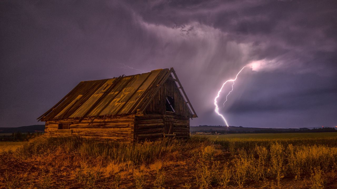 Wallpaper barn, lightning, sky, clouds