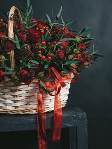 Preview wallpaper basket, bouquet, flowers, branches, berries