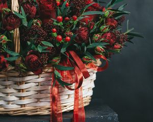 Preview wallpaper basket, bouquet, flowers, branches, berries