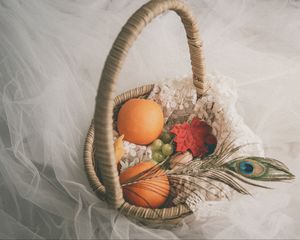 Preview wallpaper basket, fruit, leaves, feather