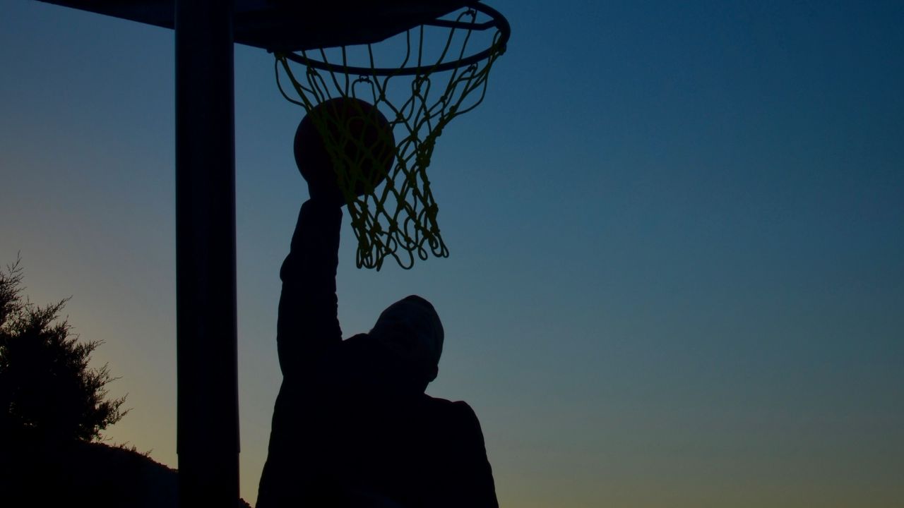 Wallpaper basketball, basketball hoop, basketball player, ball, jump, silhouettes, dark