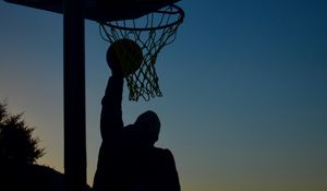 Preview wallpaper basketball, basketball hoop, basketball player, ball, jump, silhouettes, dark