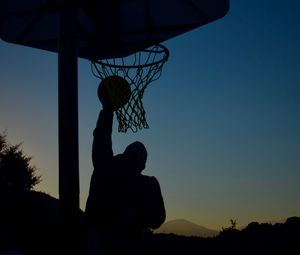 Preview wallpaper basketball, basketball hoop, basketball player, ball, jump, silhouettes, dark