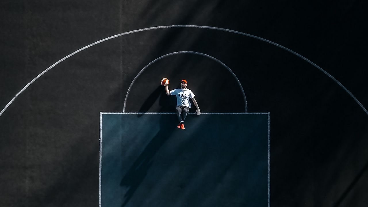 Wallpaper basketball court, man, aerial view, marking, basketball