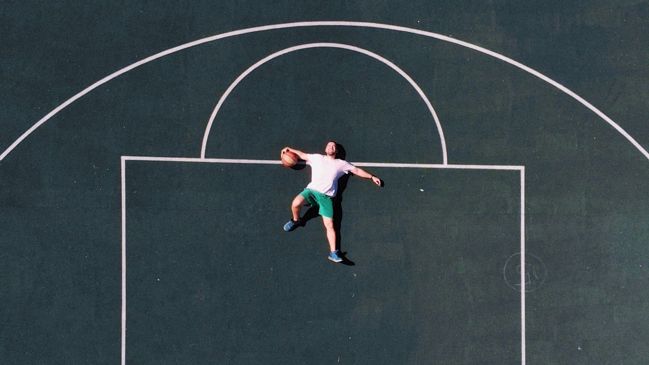 Wallpaper basketball court, player, aerial view, basketball, playground