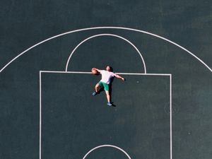 Preview wallpaper basketball court, player, aerial view, basketball, playground