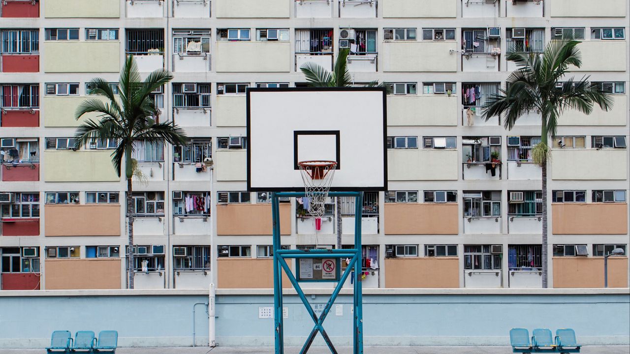 Wallpaper basketball court, playground, roof, building, urban