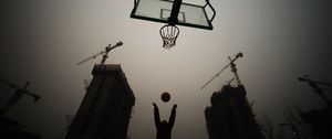 Preview wallpaper basketball hoop, basketball, ball, silhouettes, dark