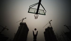 Preview wallpaper basketball hoop, basketball, ball, silhouettes, dark