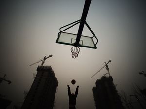Preview wallpaper basketball hoop, basketball, ball, silhouettes, dark