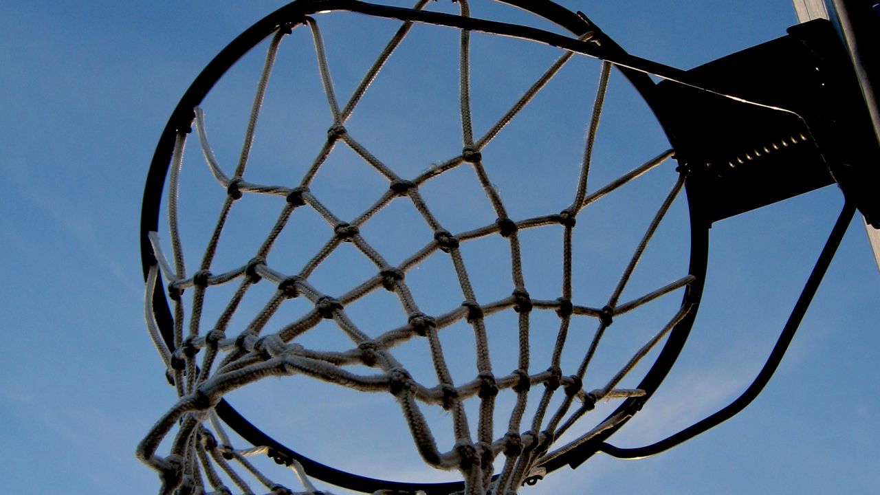 Wallpaper basketball hoop, basketball, mesh, sky, bottom view