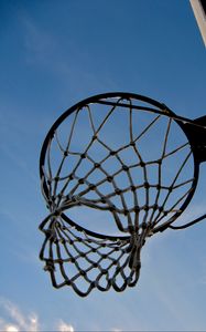 Preview wallpaper basketball hoop, basketball, mesh, sky, bottom view