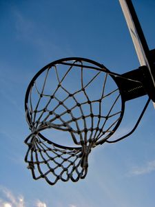 Preview wallpaper basketball hoop, basketball, mesh, sky, bottom view