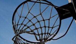 Preview wallpaper basketball hoop, basketball, mesh, sky, bottom view