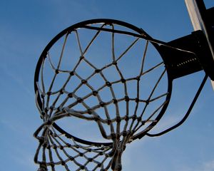 Preview wallpaper basketball hoop, basketball, mesh, sky, bottom view