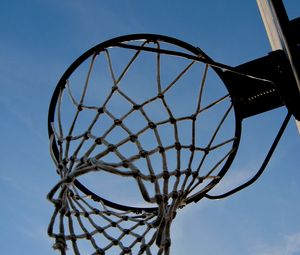 Preview wallpaper basketball hoop, basketball, mesh, sky, bottom view