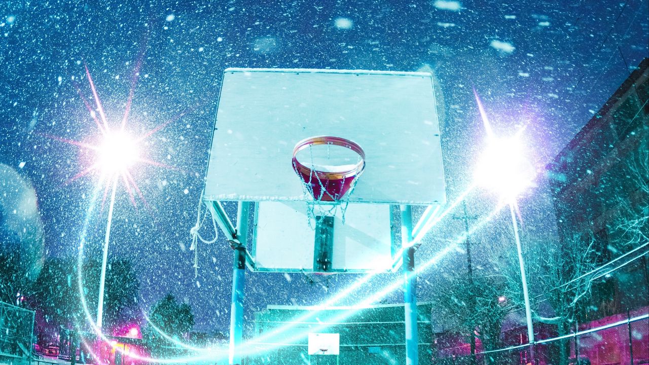 Wallpaper basketball hoop, basketball, playground, snow, light